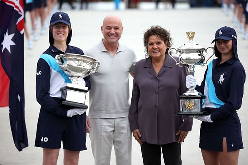 Andre Agassi and Evonne Goolagong Cawley with the Australian Open trophies in 2024