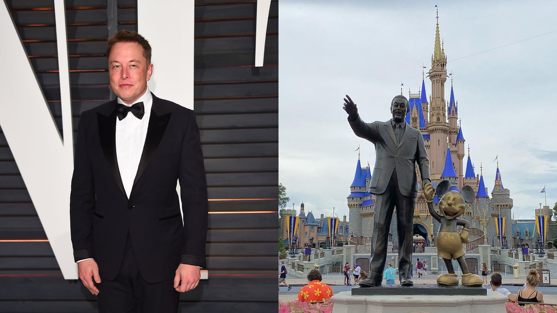 Elon Musk (L) mocks Disney (R) once again (Images via Venturelli and Walt Disney)