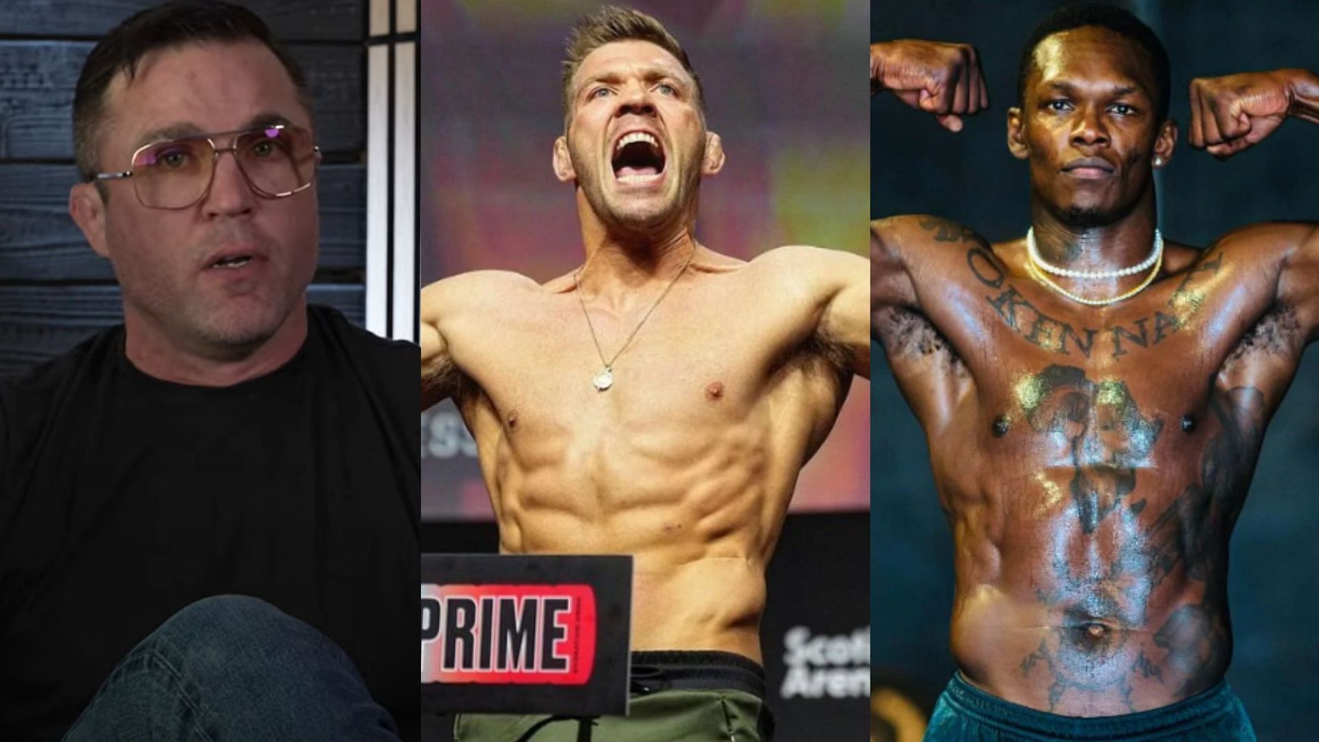 Chael Sonnen (left) expects Dricus du Plessis (centre) will face Israel Adesanya (right) at UFC 300 [Images courtesy of Chael Sonnen on YouTube &amp; @ufc on Instagram]