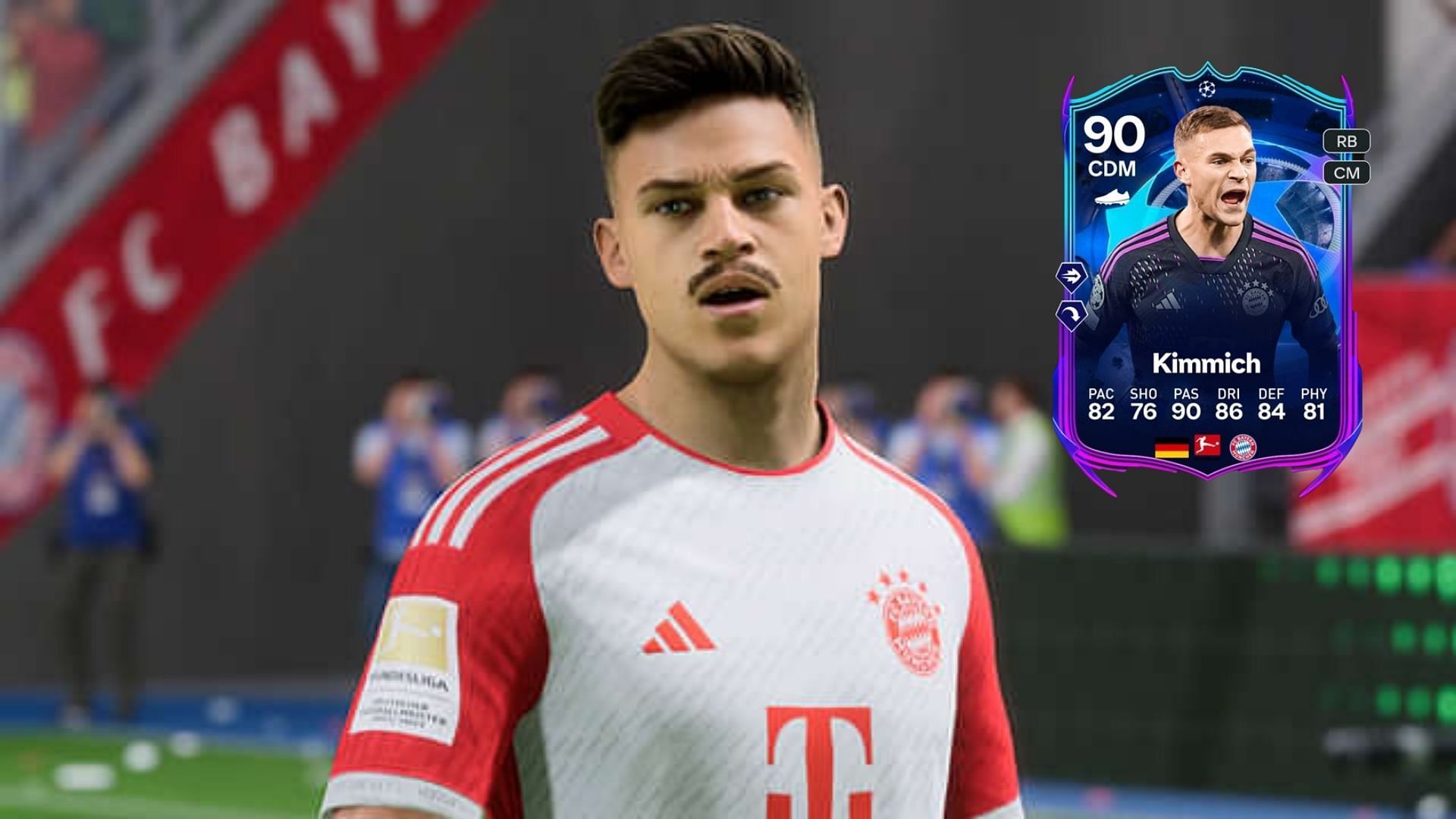 Joshua Kimmich&#039;s 90-rated UCL RTTF card possesses Long Ball and Pinged Pass, one of the best EA FC 24 double PlayStyle+ combinations (Images via EA Sports)