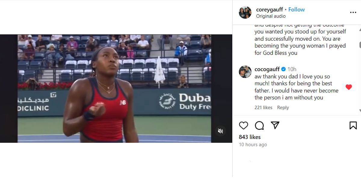 Coco Gauff comments on Corey&#039;s Instagram post