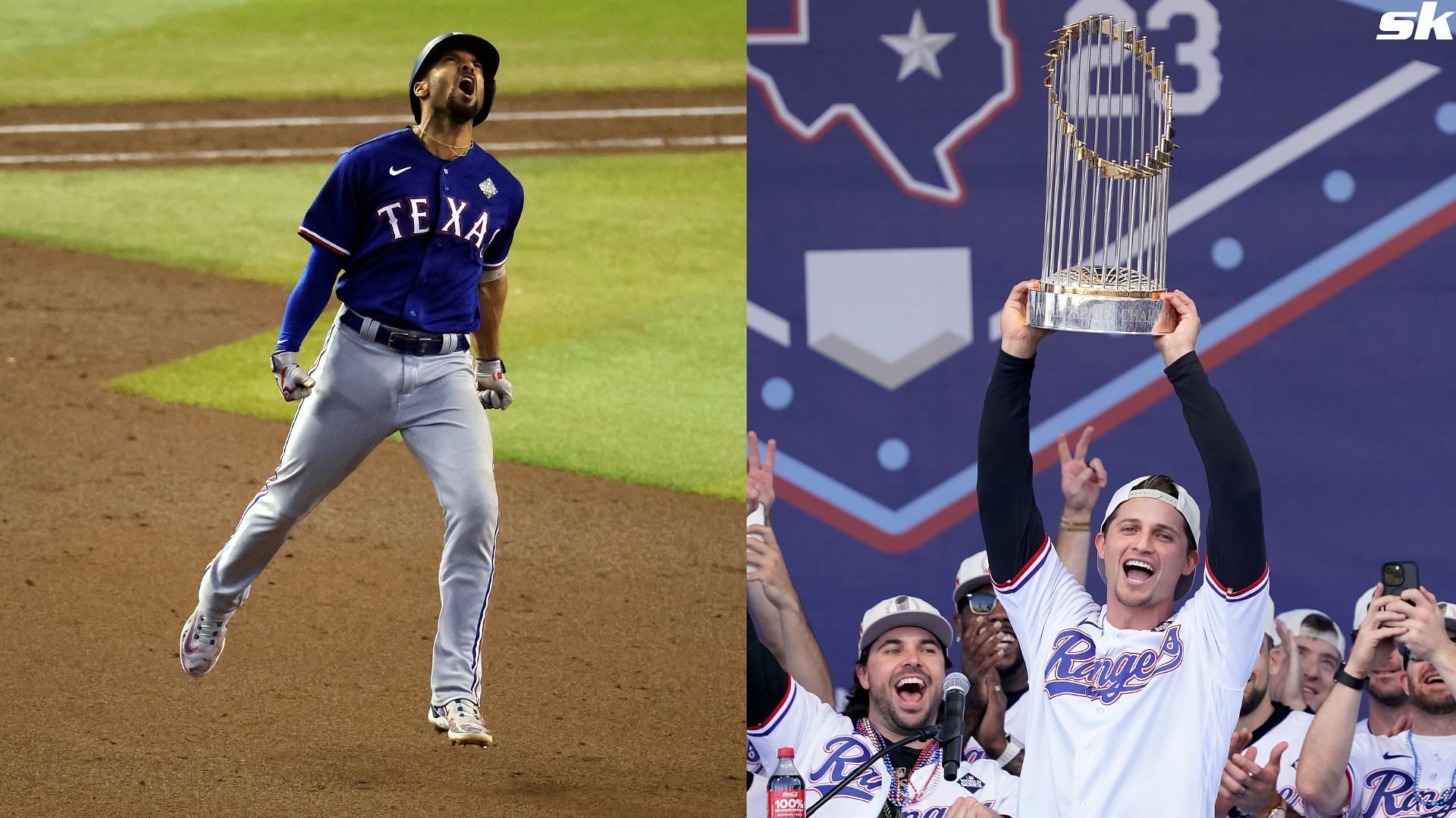 Marcus Semien of the Texas Rangers rounds the bases after hitting a home run in the ninth inning against the Arizona Diamondbacks during Game Five of the World Series