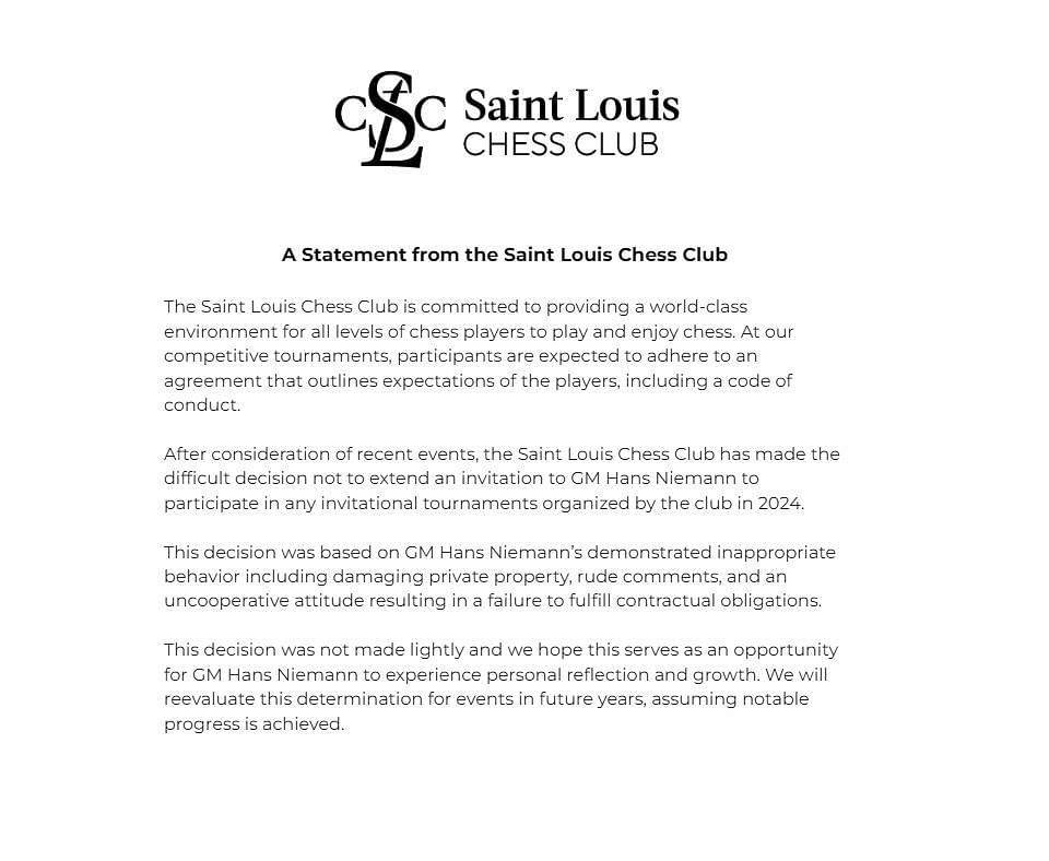Saint Louis Chess Club refuses to invite Niemann (Image via X)