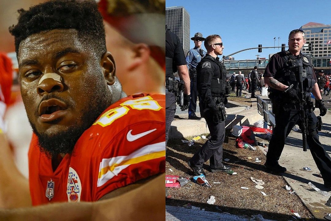 Trey Smith, left, Police responders at the Kansas City parade, right