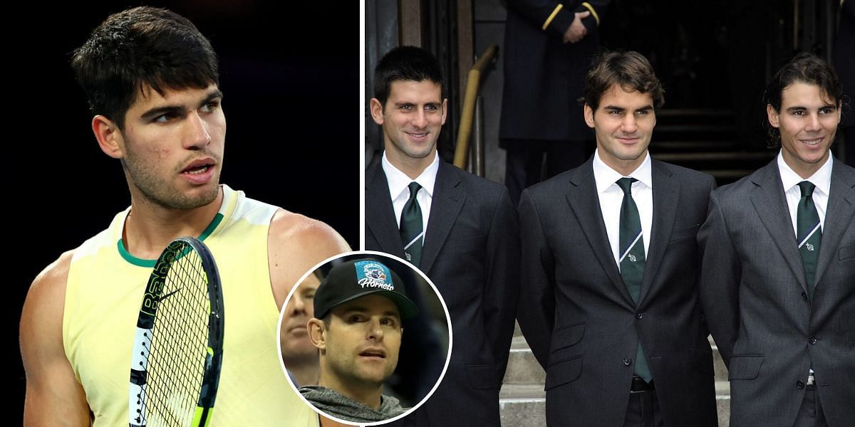 Carlos Alcaraz (L), Novak Djokovic, Roger Federer and Rafael Nadal (R), Andy Roddick (C)