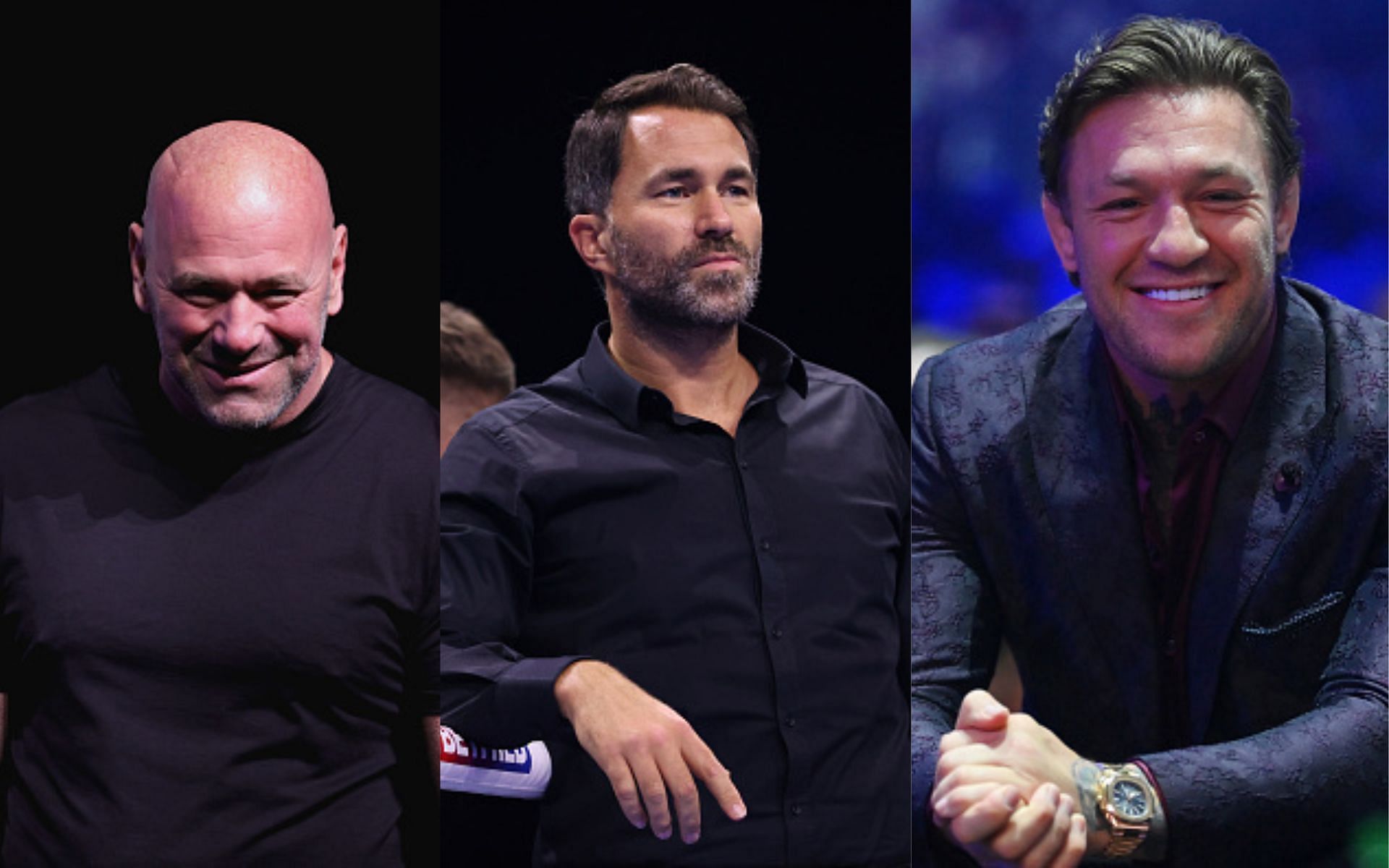 From left to right: Dana White, Eddie Hearn, Conor McGregor [all images via Getty]