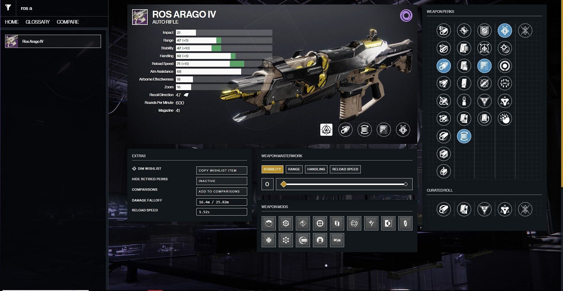 Ros Arago IV perks for PvE (Image via D2Gunsmith)