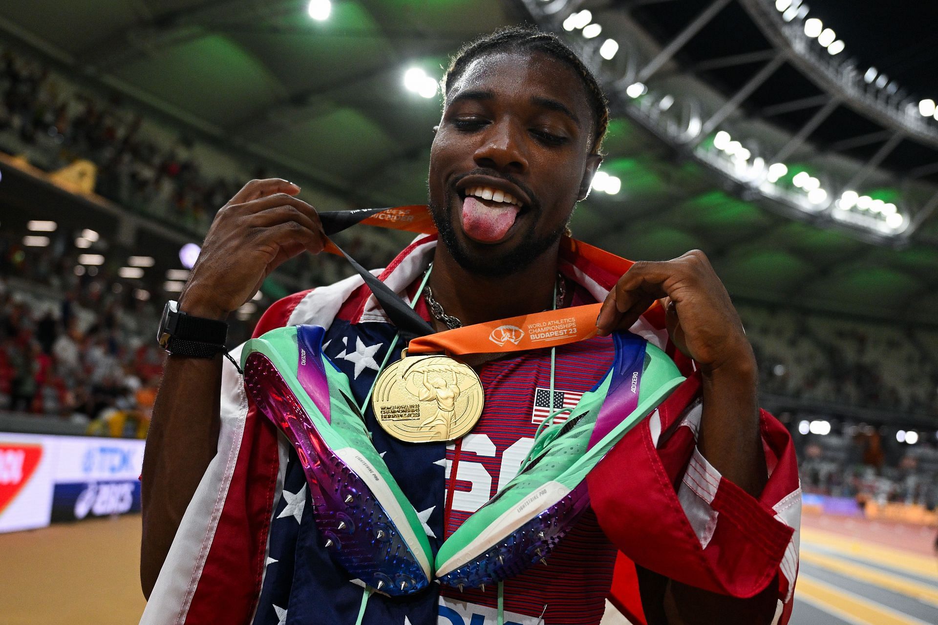 Noah Lyles celebrates with the gold medal after winning the Men&#039;s 200m Final during the World Athletics Championships Budapest 2023 in Hungary.