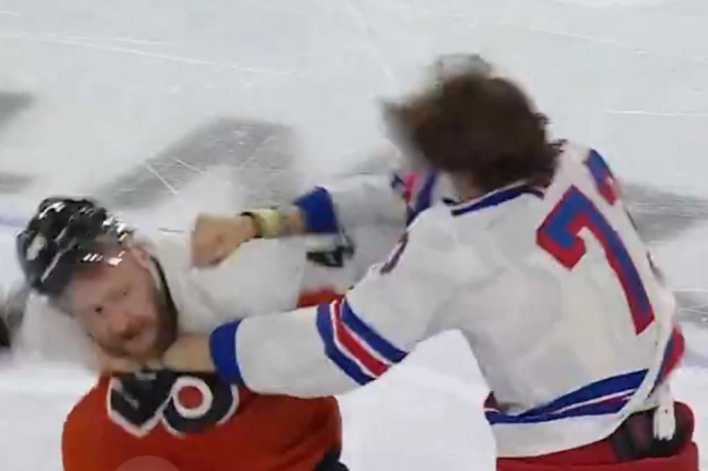 Matt Rempe #73 of the New York Rangers and Nicolas Deslauriers #44 of the Philadelphia Flyers fight during the first period at the Wells Fargo Center on February 24, 2024 in Philadelphia, Pennsylvania