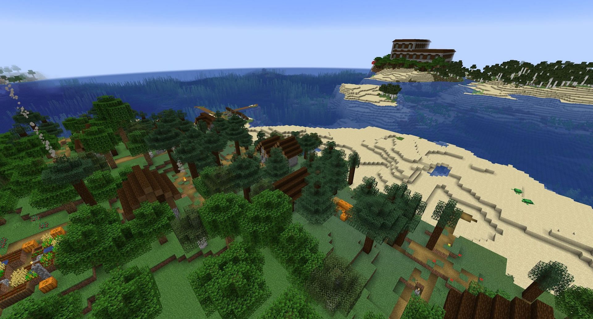 The seed&#039;s spawn village and mansion (Image via Mojang)