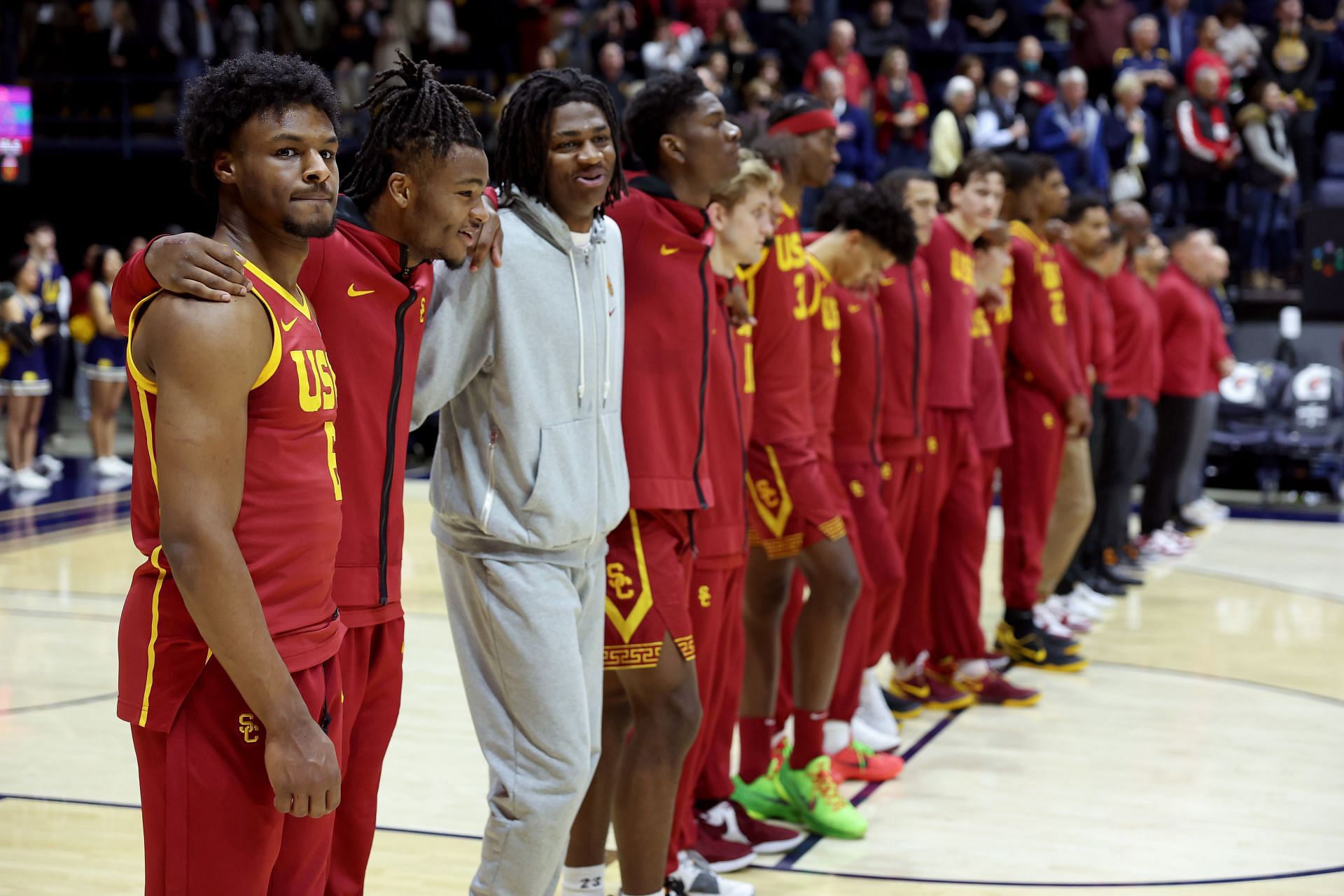 Bronny James #6 of the USC Trojans stands on the court for the national anthem.