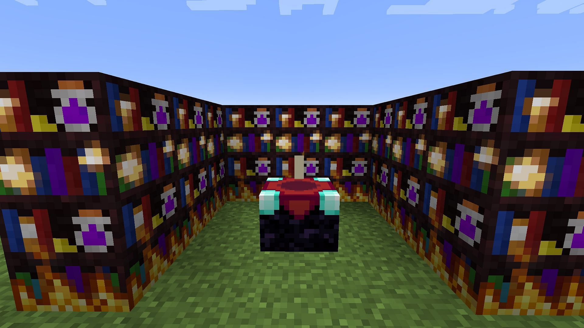Hellshelves surrounding an enchanting table in the Apotheosis Minecraft mod (Image via Shadows_of_Fire/CurseForge)