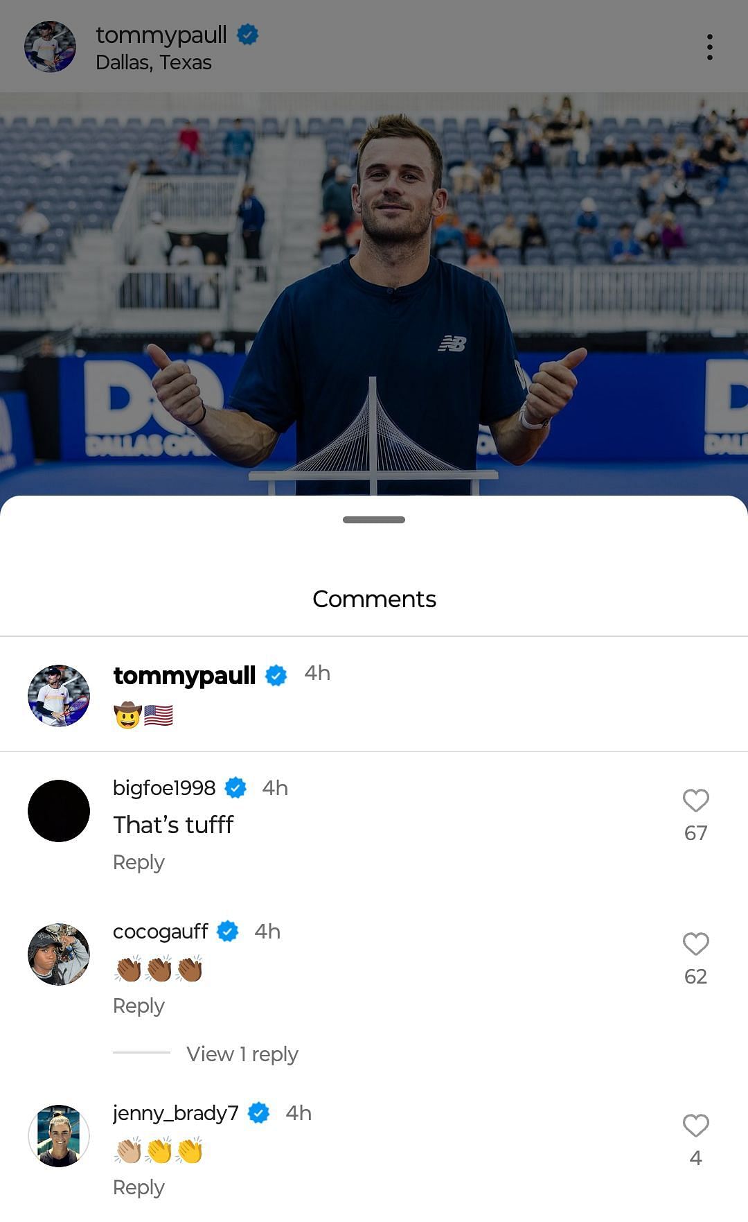 Coco Gauff, Frances Tiafoe, and Jennifer Brady on Instagram