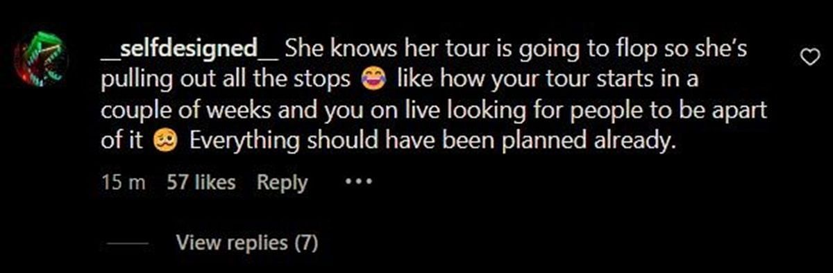 A user believes Nicki&#039;s tour is going to flop (image via @theshaderoom/Instagram)