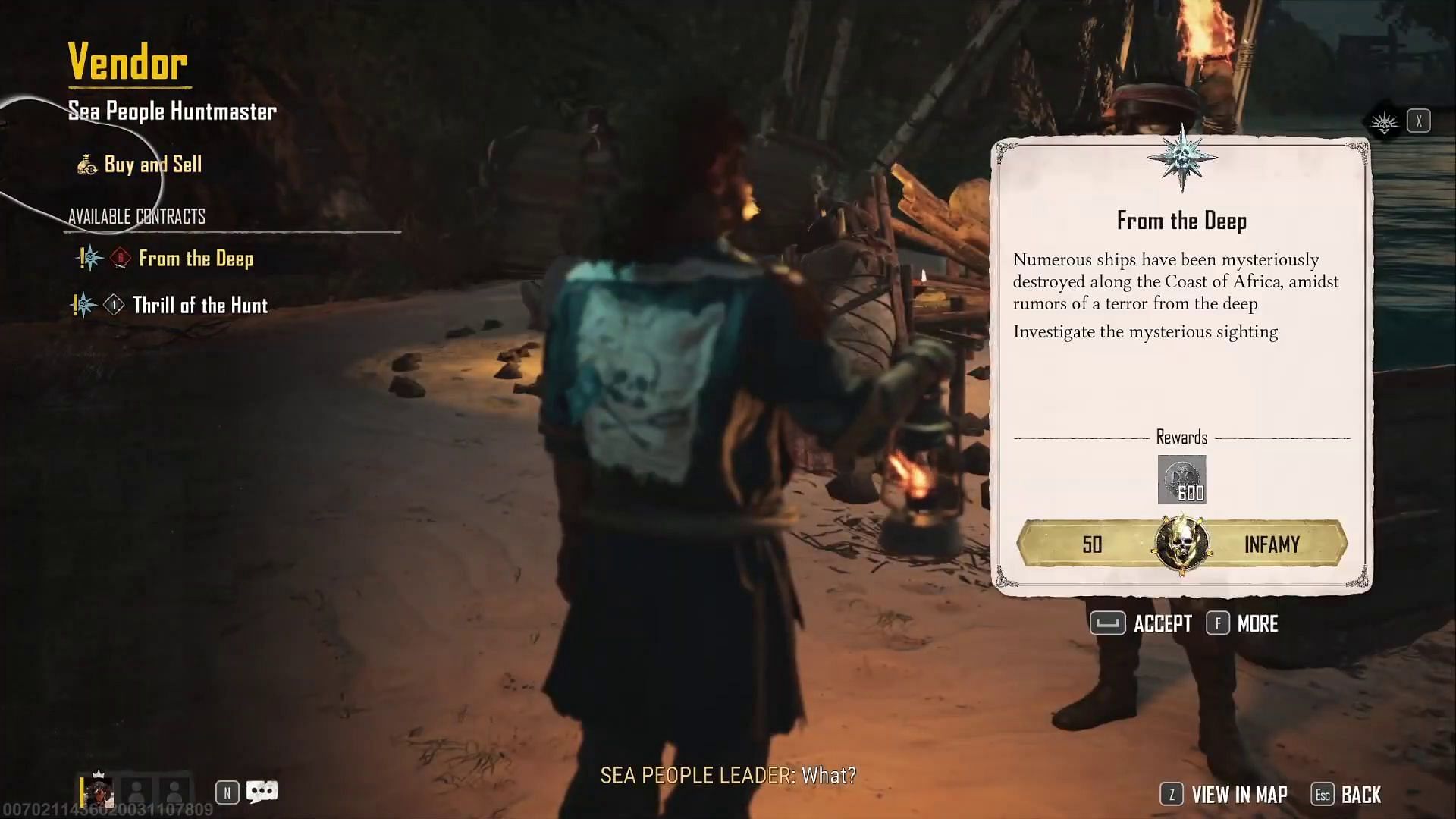 Getting a quest to obtain Monstrous Scales in Skull and Bones (Image via YouTube/Mystiqux, Ubisoft)