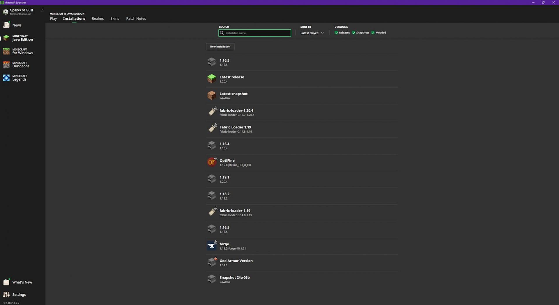 The Installations tab (Image via Mojang)