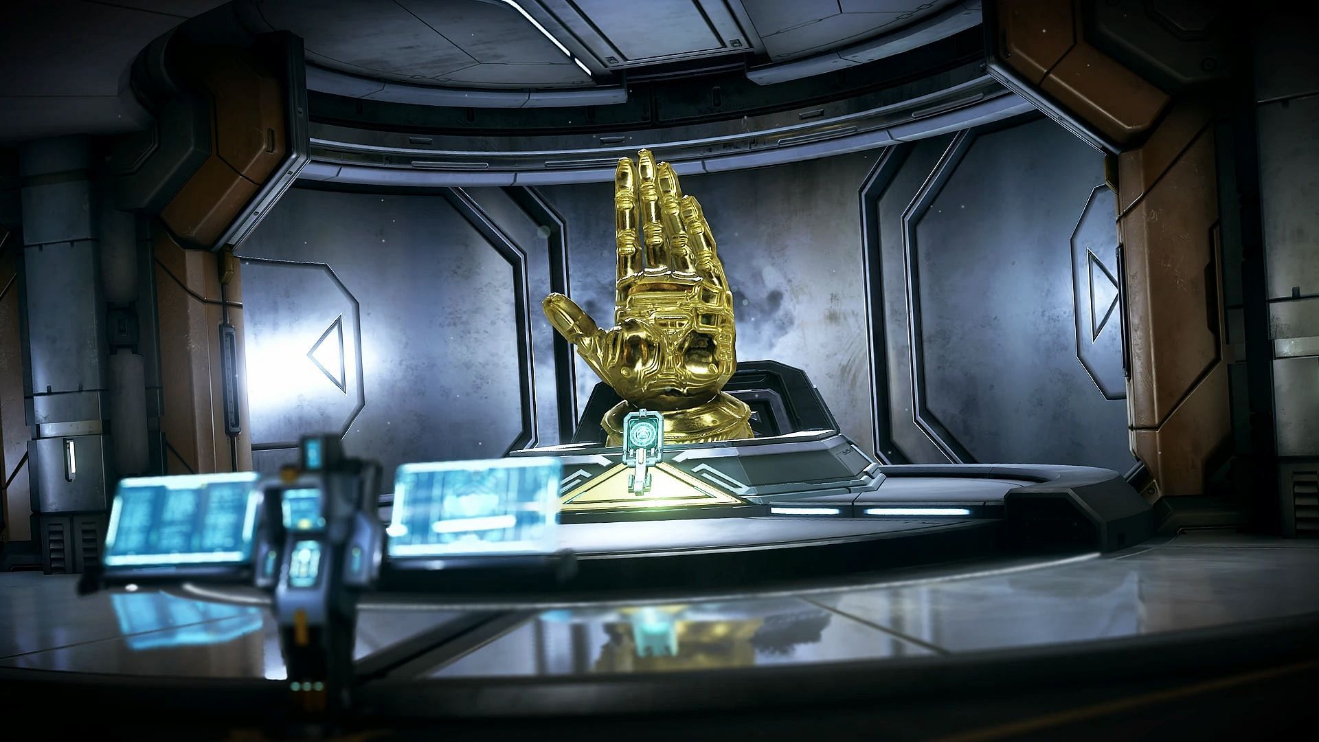 A replica Golden Hand that you use to access Granum Void can now be placed in your Orbiter with the help of Warframe Promo Code PARVOS. (Image via Digital Extremes)