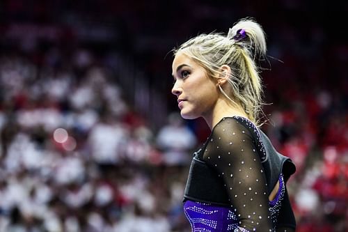 Olivia Dunne of LSU looks on during a PAC-12 meet against Utah at Jon M. Huntsman Center on January 06, 2023, in Salt Lake City, Utah.