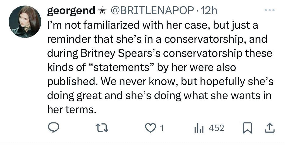 A user points out Britney Spears conservatorship (image via X/@BRITLENAPOP)