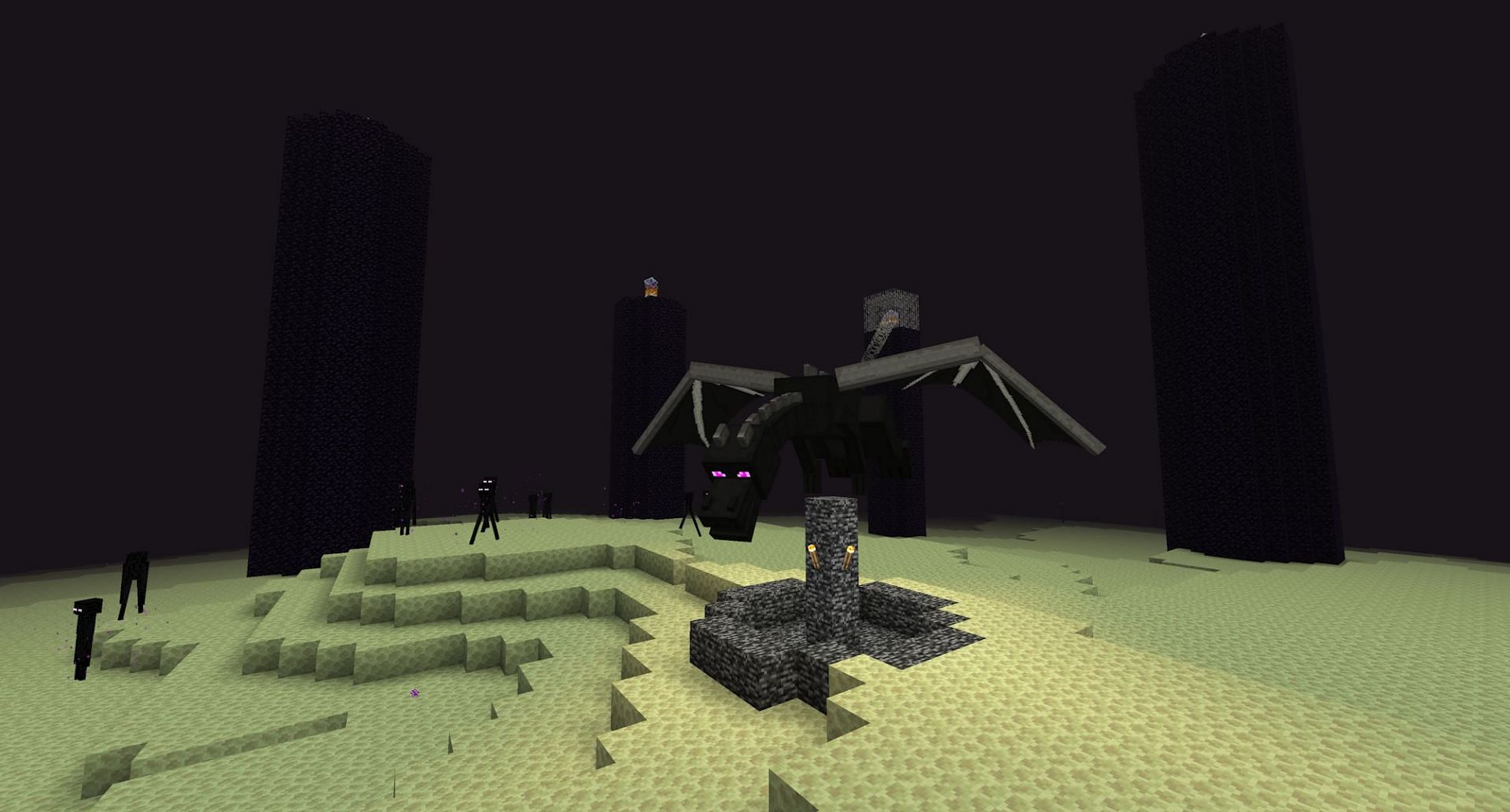 The ender dragon, perched on the portal to the credits (Image via Mojang)