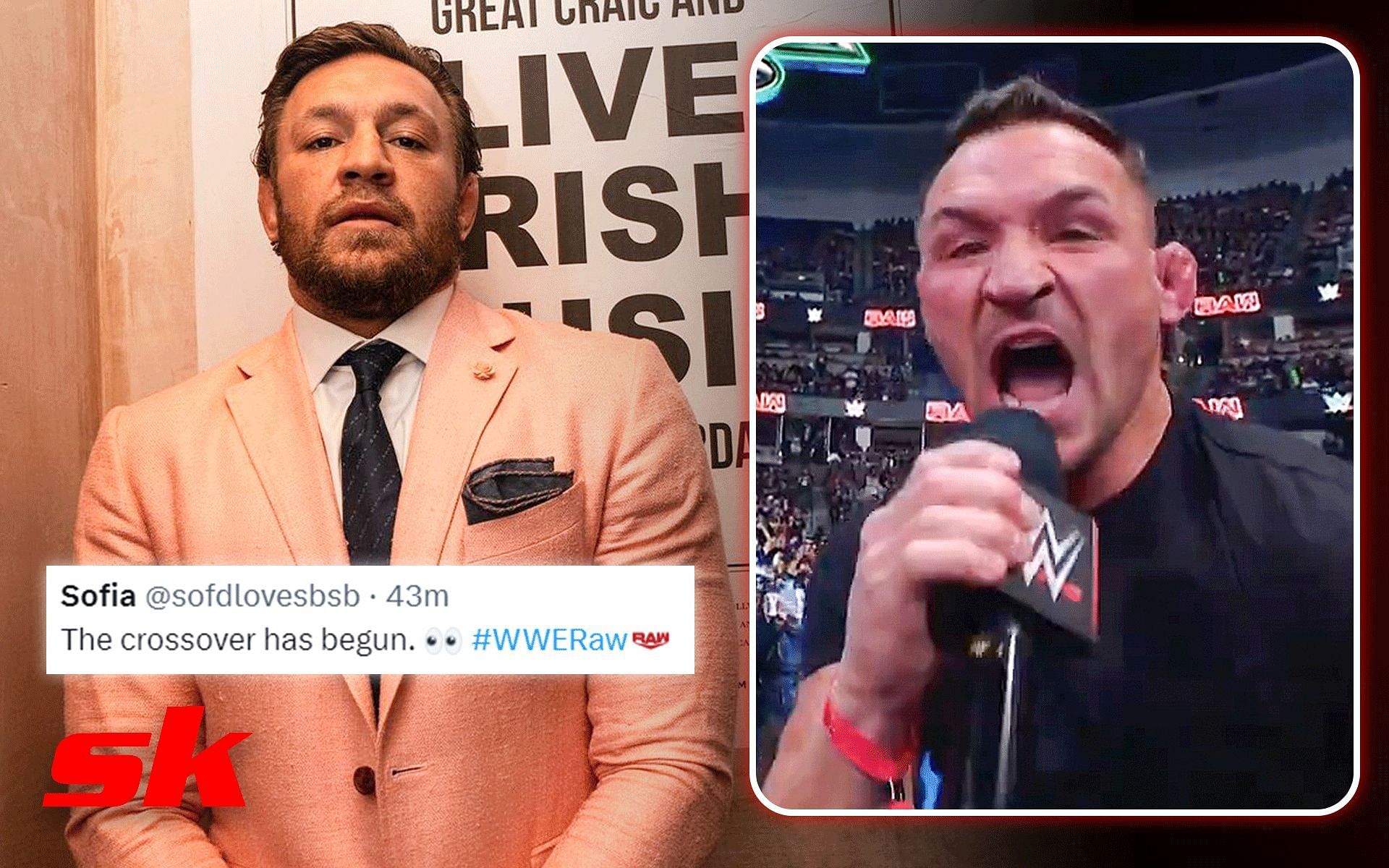 Fans react to Michael Chandler (right) calling out Conor McGregor (left) [Image via: @thenotoriousmma and @wwe on Instagram]