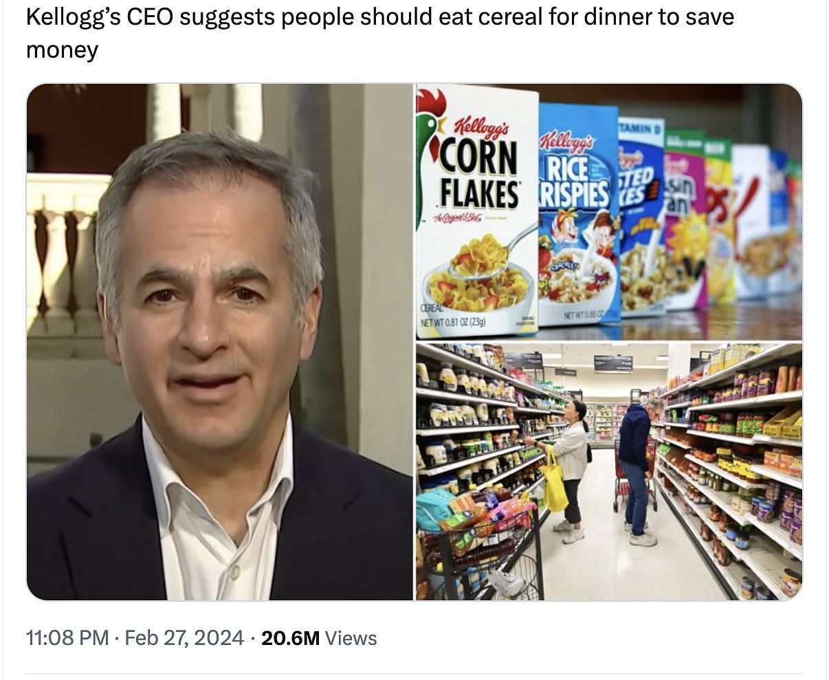 Social media users criticised the cereal brand CEO, Gary Pilnick for his suggestion of having cereal for dinner. (Image via @DailyLoud/ X)