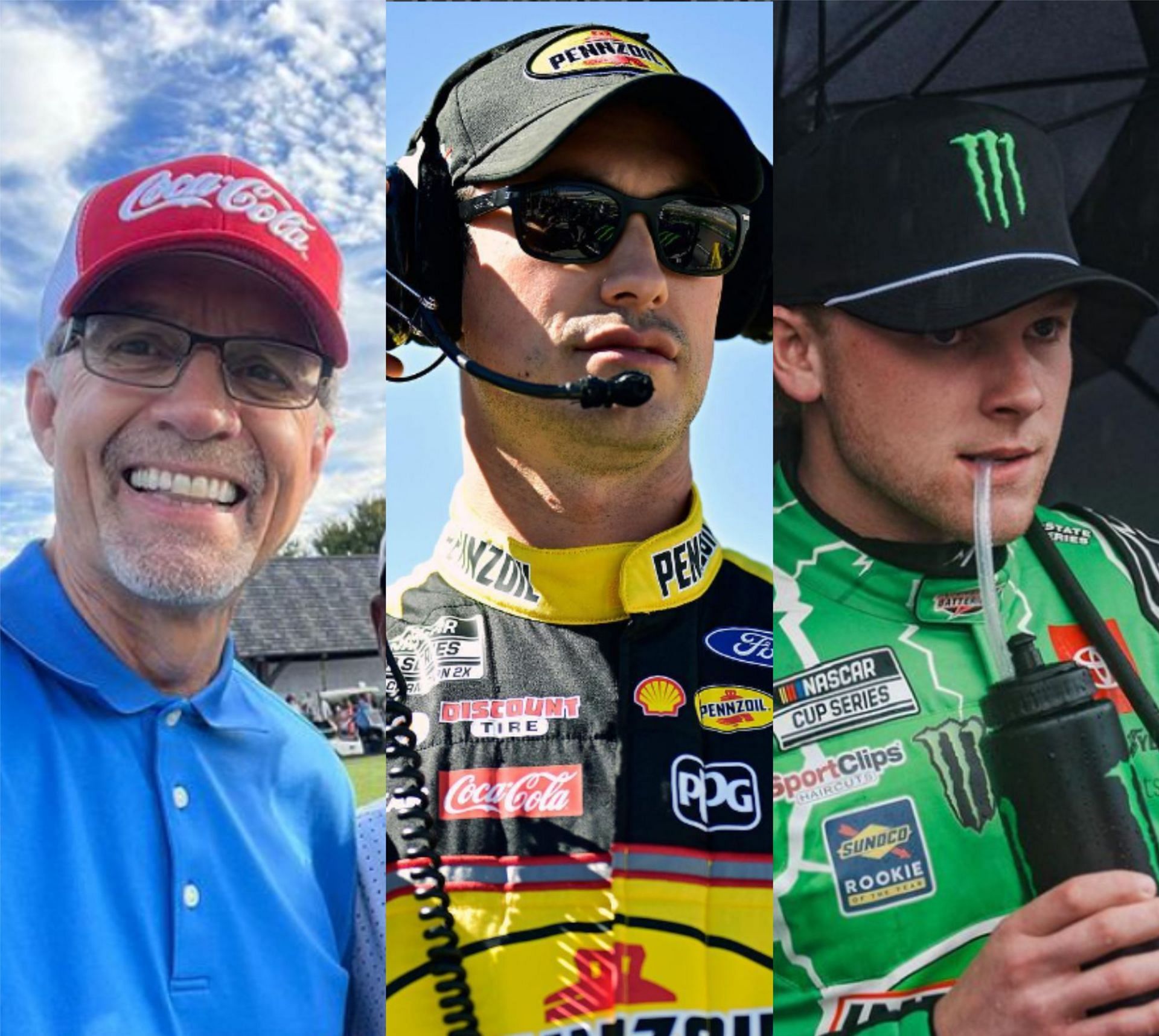 (L-R) Former NASCAR driver Kyle Petty with current Cup Series stars Joey Logano and Ty Gibbs