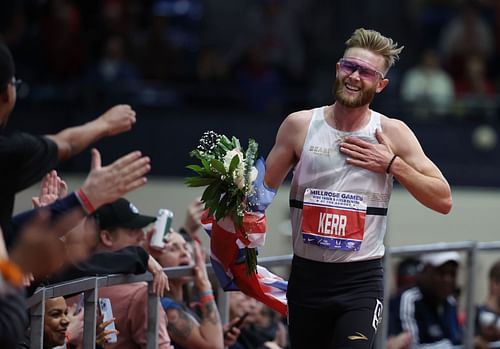 Josh Kerr of Great Britain sets the worlds record at 8:00.67 winning the Dr. Sander Men's 2 Mile during the 116th Millrose Games at The Armory Track on February 11, 2024 in New York City. (Photo by Al Bello/Getty Images)