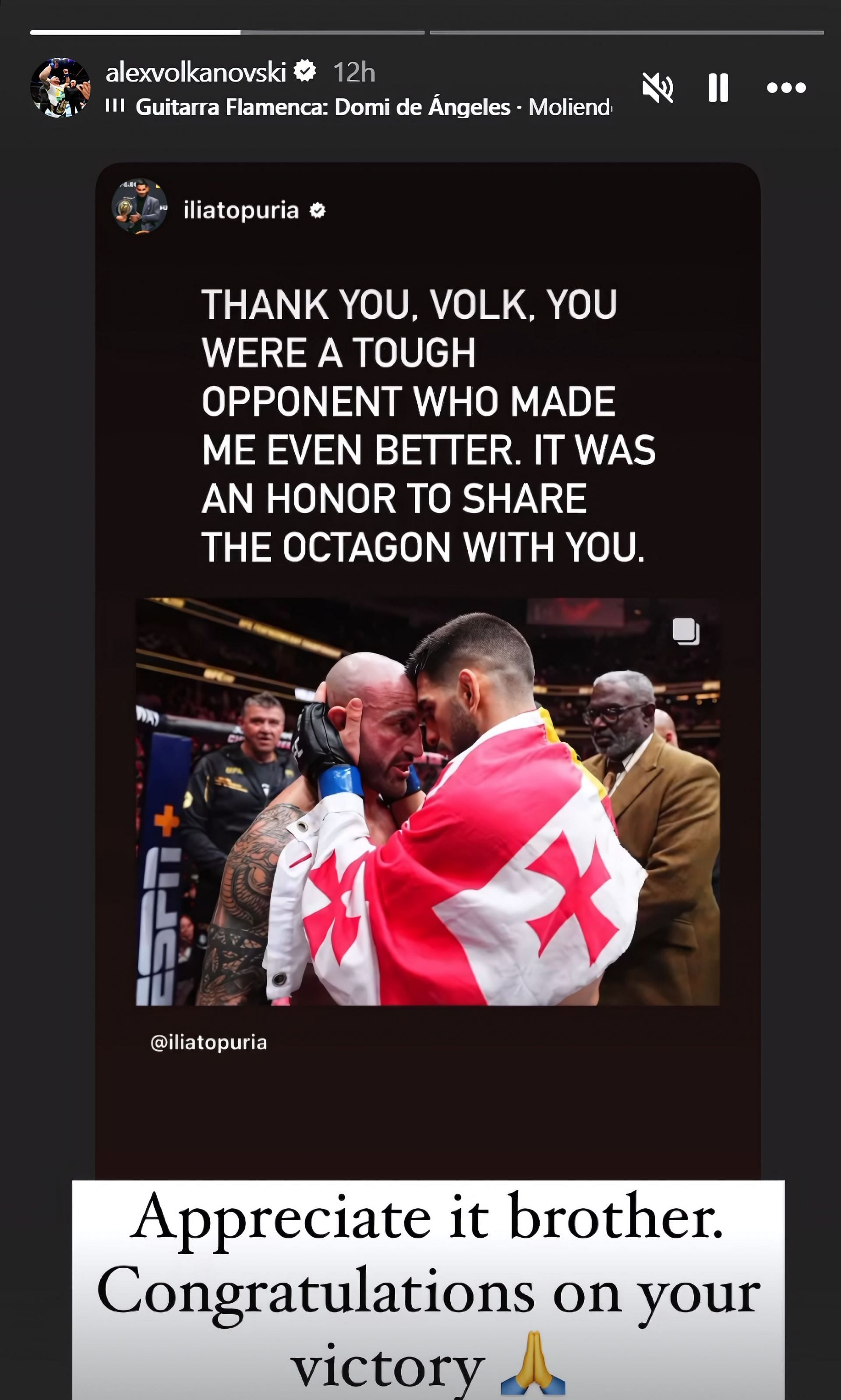 A screenshot of Alexander Volkanovski congratulating Ilia Topuria