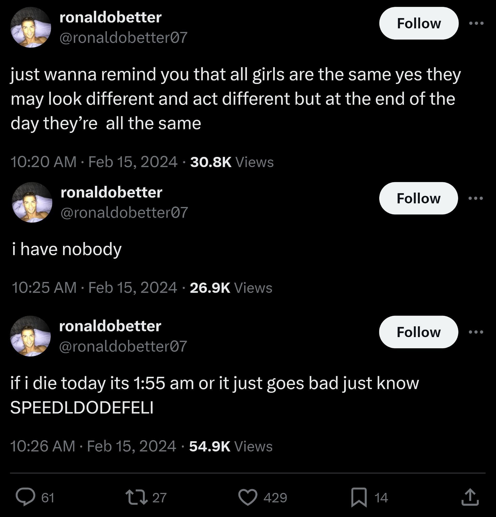 The YouTube streamer&#039;s recent tweets, posted through his alternate X profile (Image via @ronaldobetter07/X)