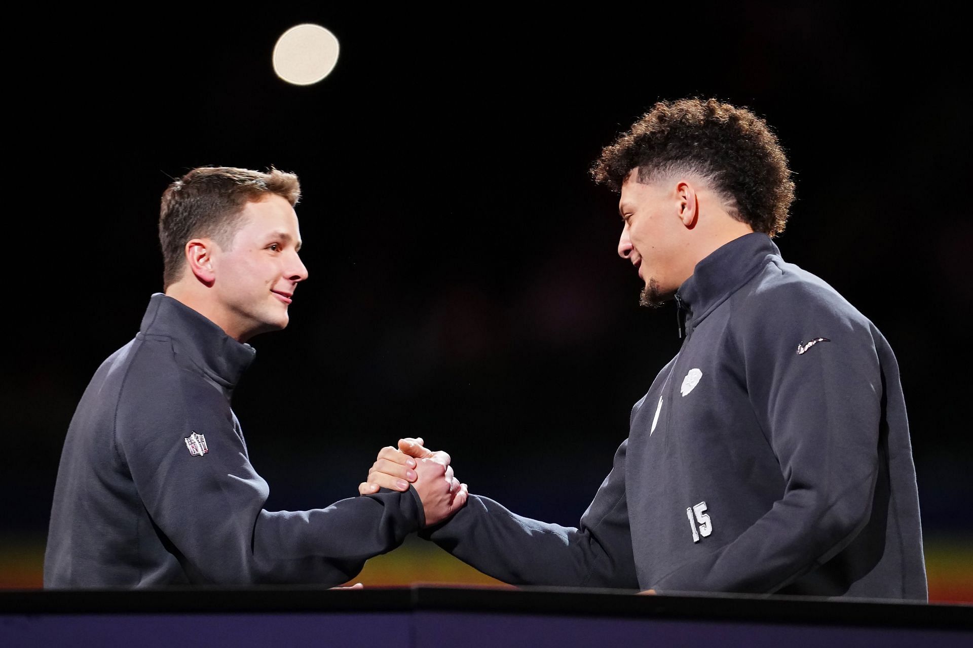 Brock Purdy, left, and Patrick Mahomes, right, during Super Bowl LVIII Opening Night
