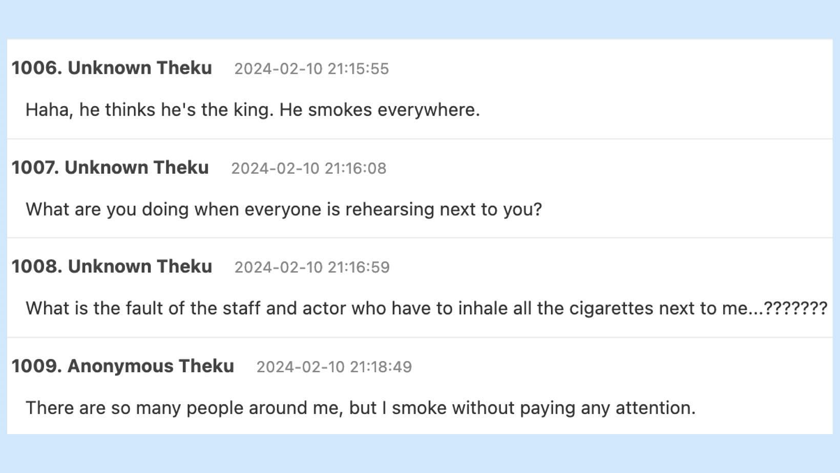 Netizens reacting to Welcome To Samdalri actor&#039;s indoor vaping incident. (Images via Thequoo/Translations via Google Translate)