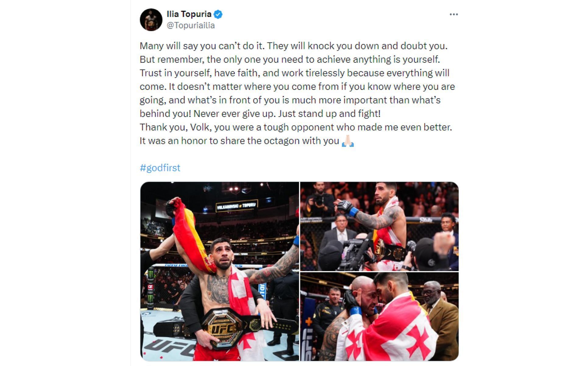Ilia Topuria&#039;s tweet regarding UFC featherweight title win [Image courtesy: @Topuriailia - X]