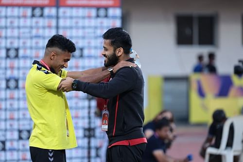 East Bengal's Souvik Chakrabarti was welcomed back to Hyderabad by Abdul Rabeeh (left.)