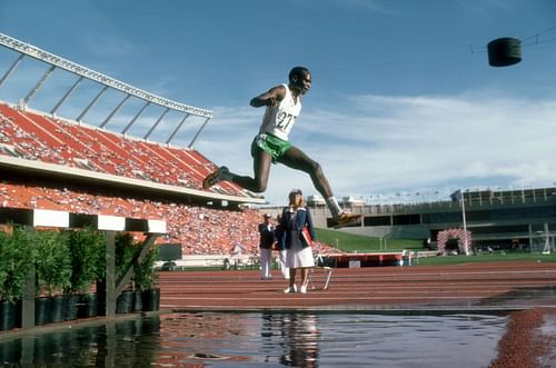 Kenyan distance runner Henry Rono competing in the 3000 Metres Steeplechase at the 1978 Commonwealth Games. (Photo by Tony Duffy/Getty Images)