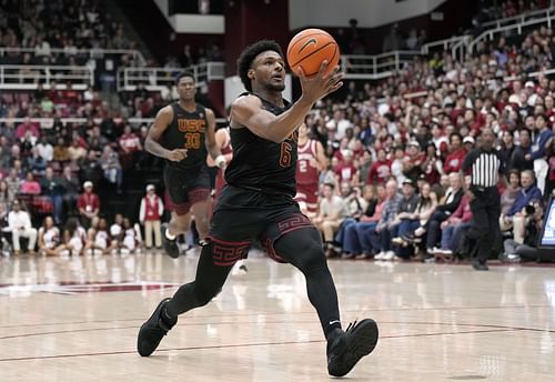 Bronny James prepares to score. Despite a difficult season, James is showing improvement.