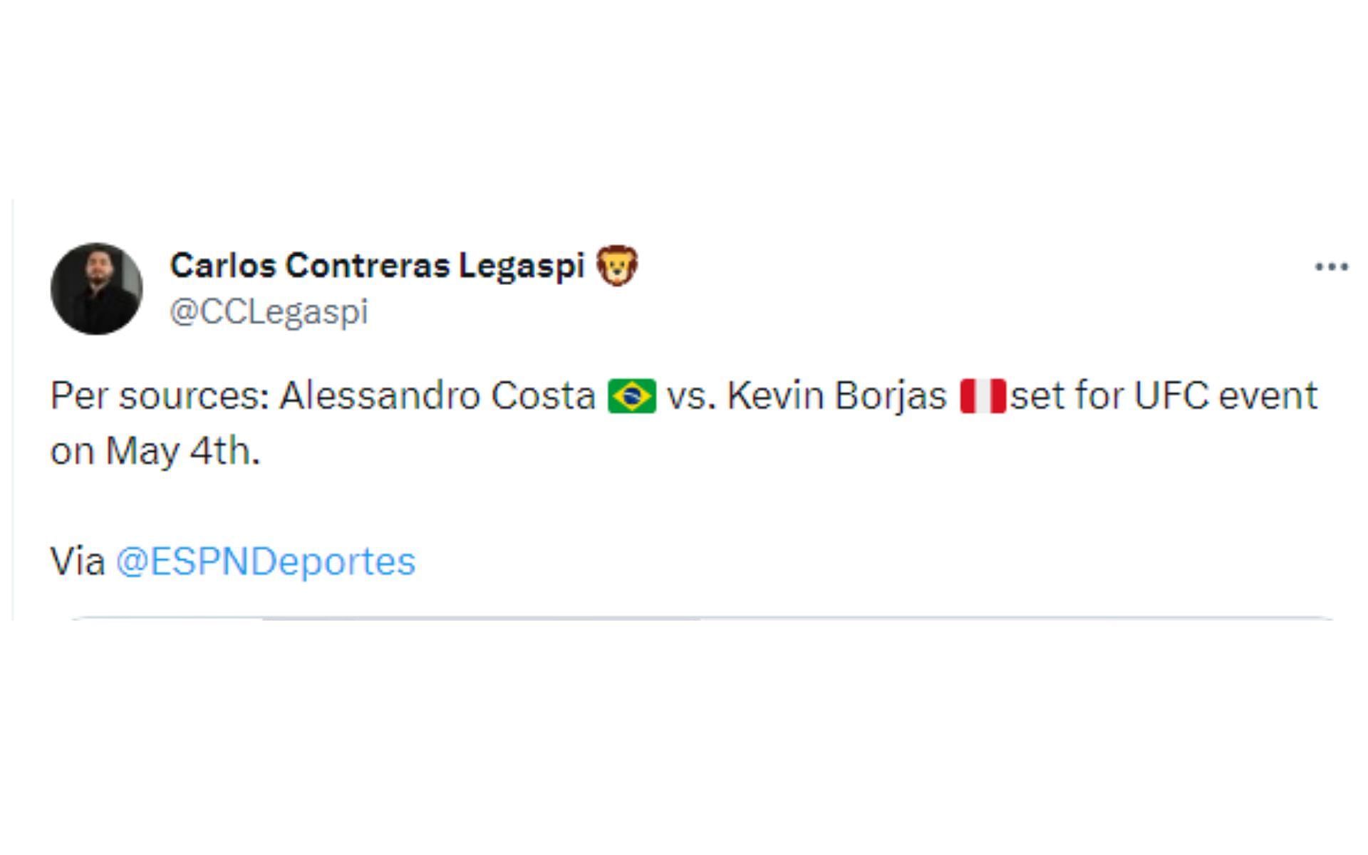Tweet regarding Costa vs. Borjas being added to UFC 301 [Image courtesy: @CCLegaspi - X]