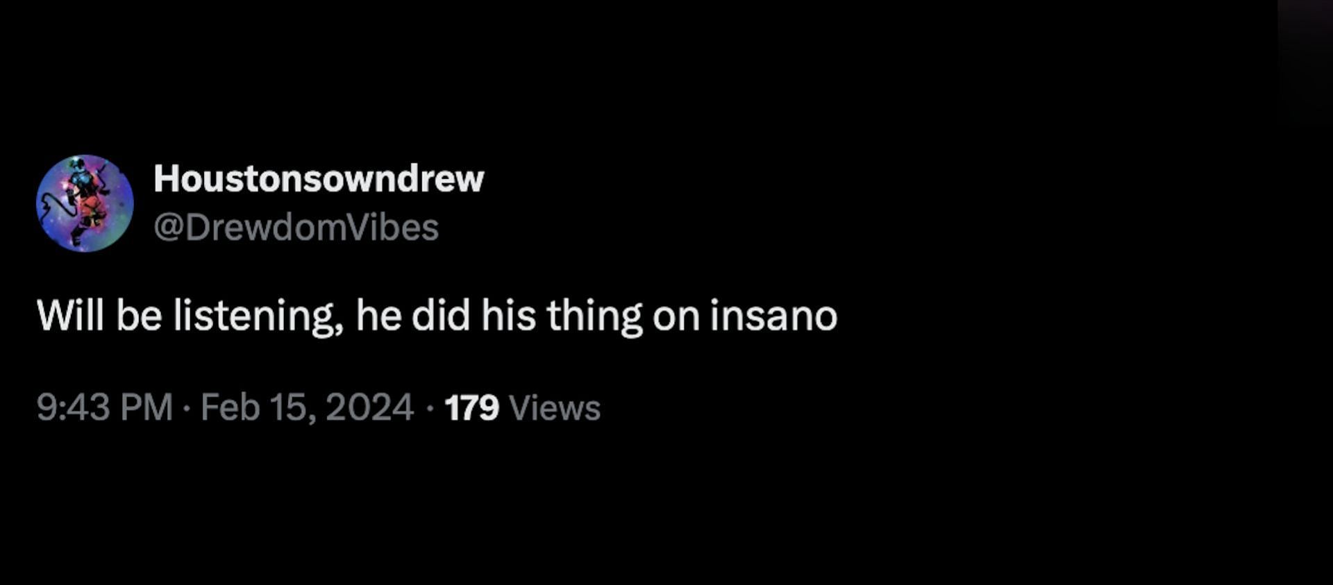 Screenshot of a fan reacting to the INSANO Deluxe announcement (Image via X/@DrewdomVibes)