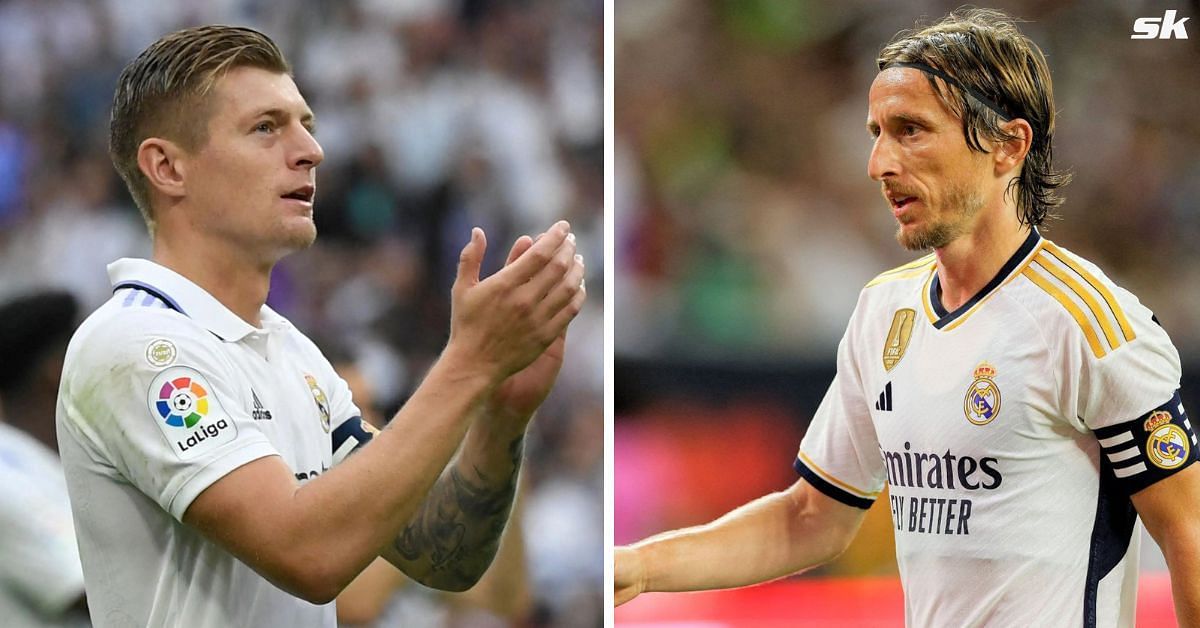 Luka Modric reacts to Real Madrid teammate Toni Kroos