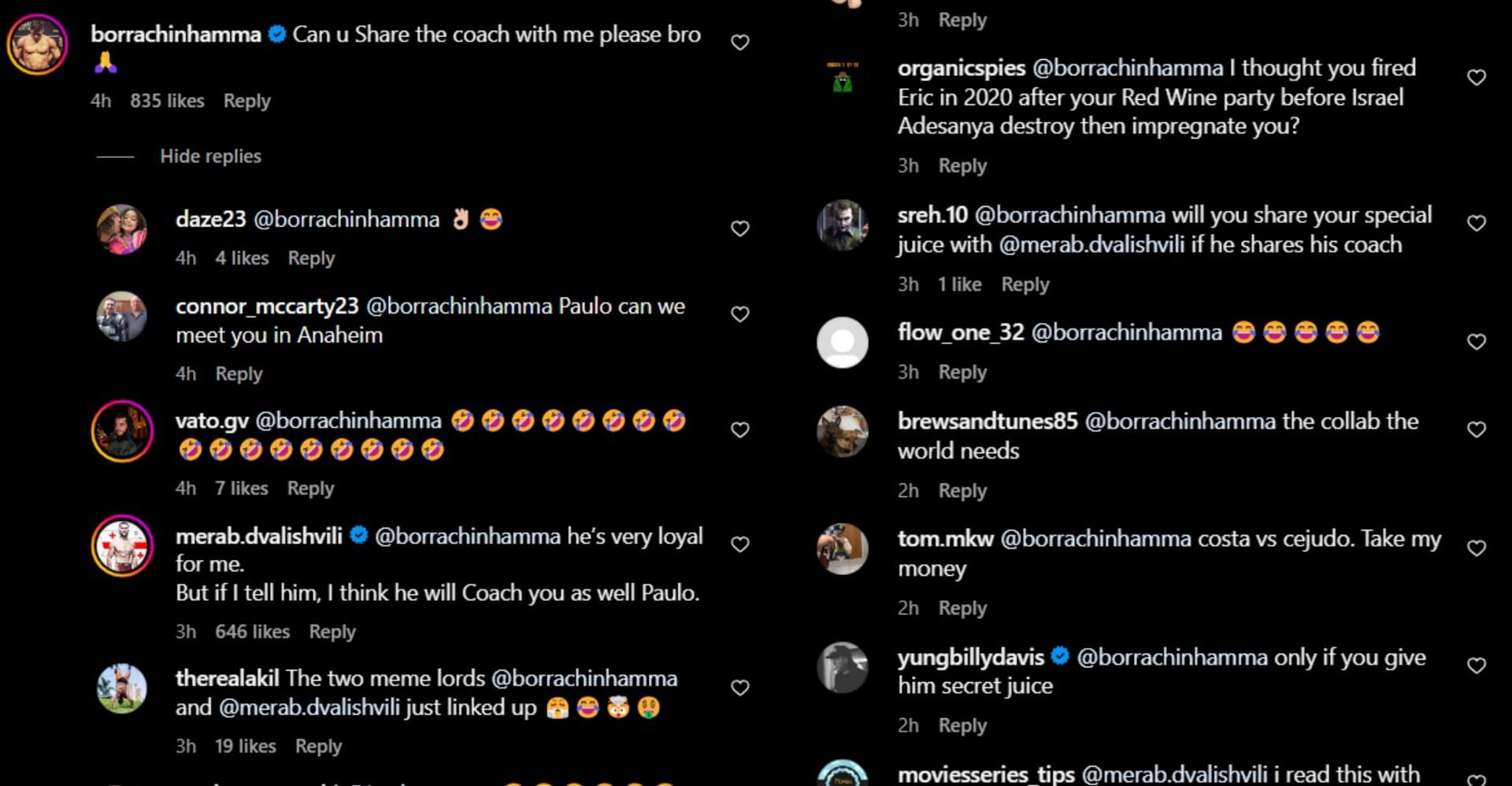 Reactions to Paulo Costa&#039;s comment on Merab Dvalishvili&#039;s post