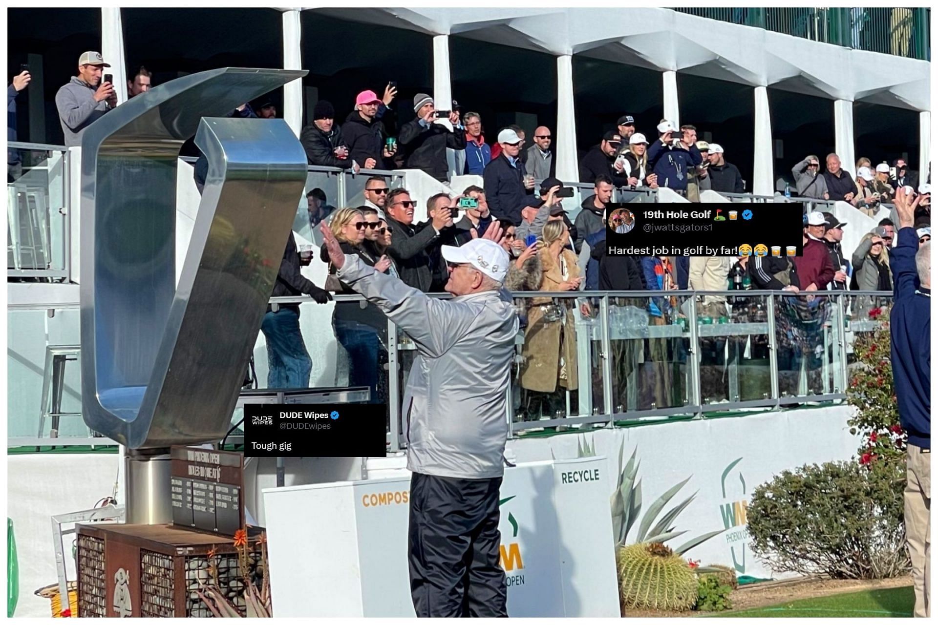 A man silences crowd during the par 3, 16th hole of the WM Phoenix Open