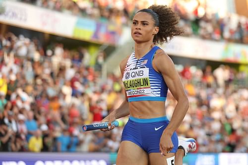 Sydney McLaughlin-Levrone of Team United States competes in the Women's 4x400m Relay Final at the World Athletics Championships at Hayward Field in Eugene, Oregon.