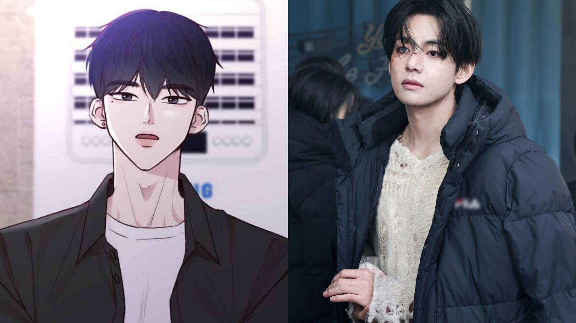 Featuring Kim Taehyung and Meet Me in the Middle character (Image via Meet Me In The Middle Screenshot from Webtoon App &amp; BTS TWT official)