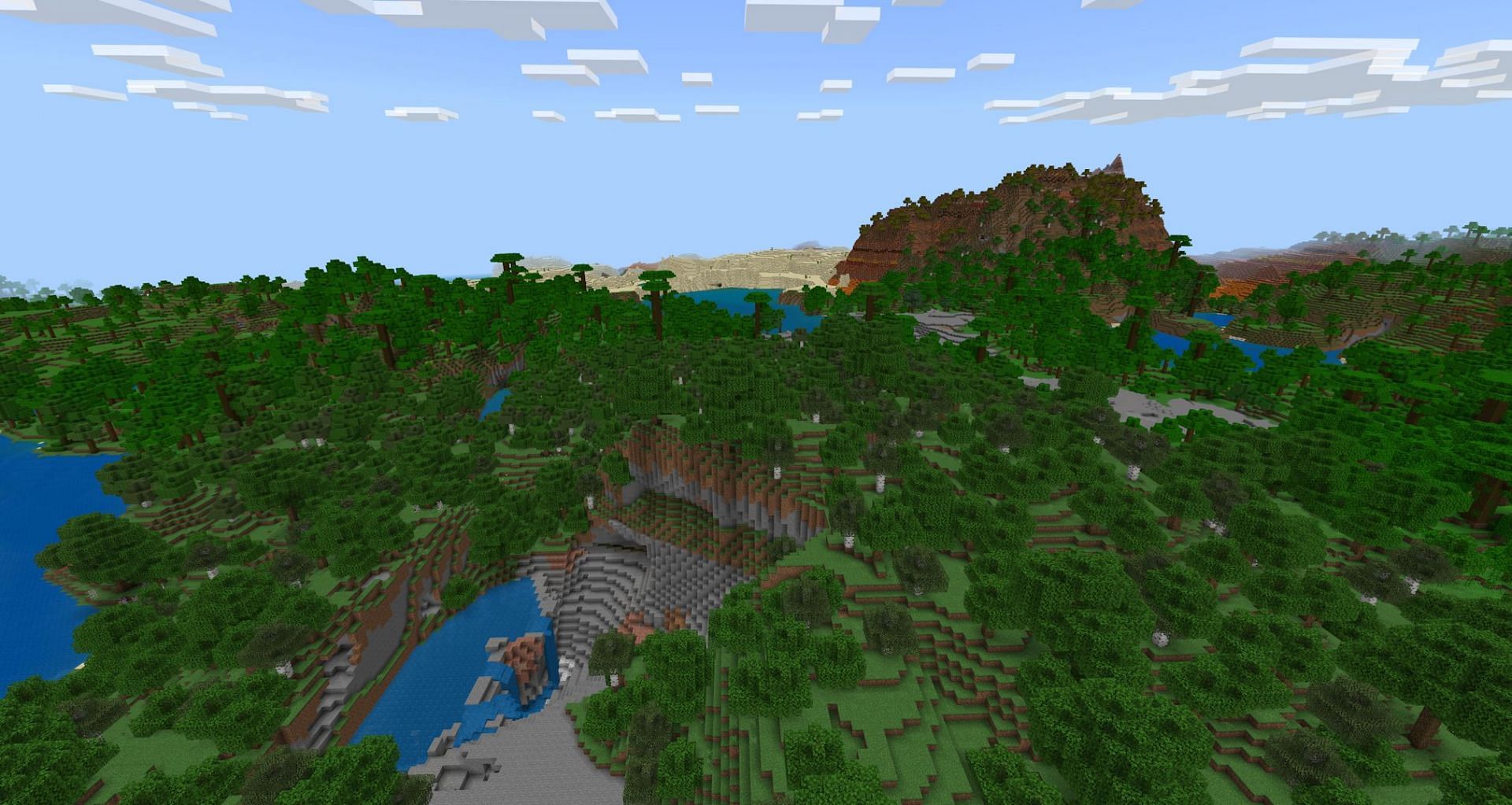 The small spawn forest, which gives way to jungle and then badlands (Image via Mojang)