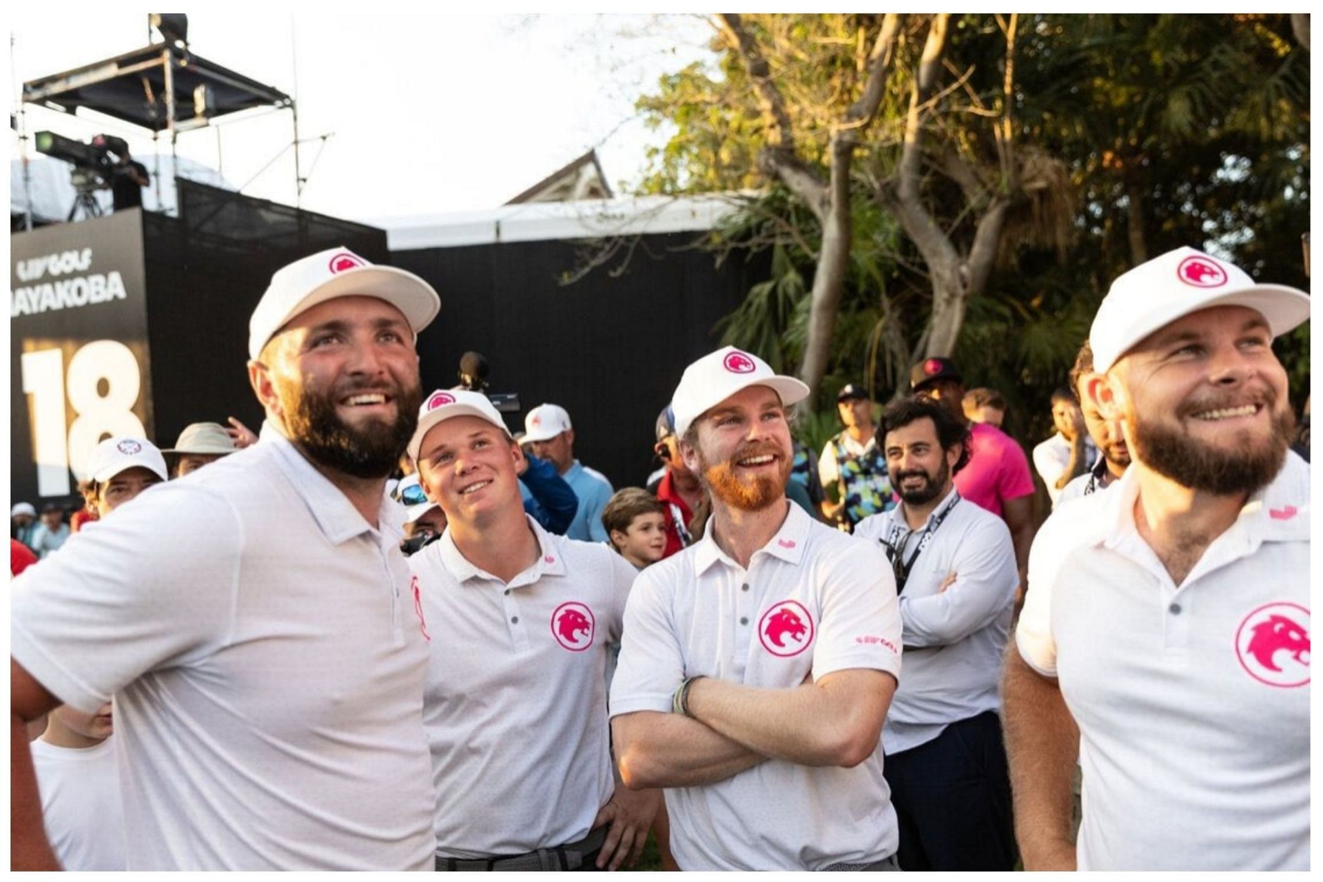 Jon Rahm and his teammates celebrate after Legion XIII wins the LIV Golf Mayakoba