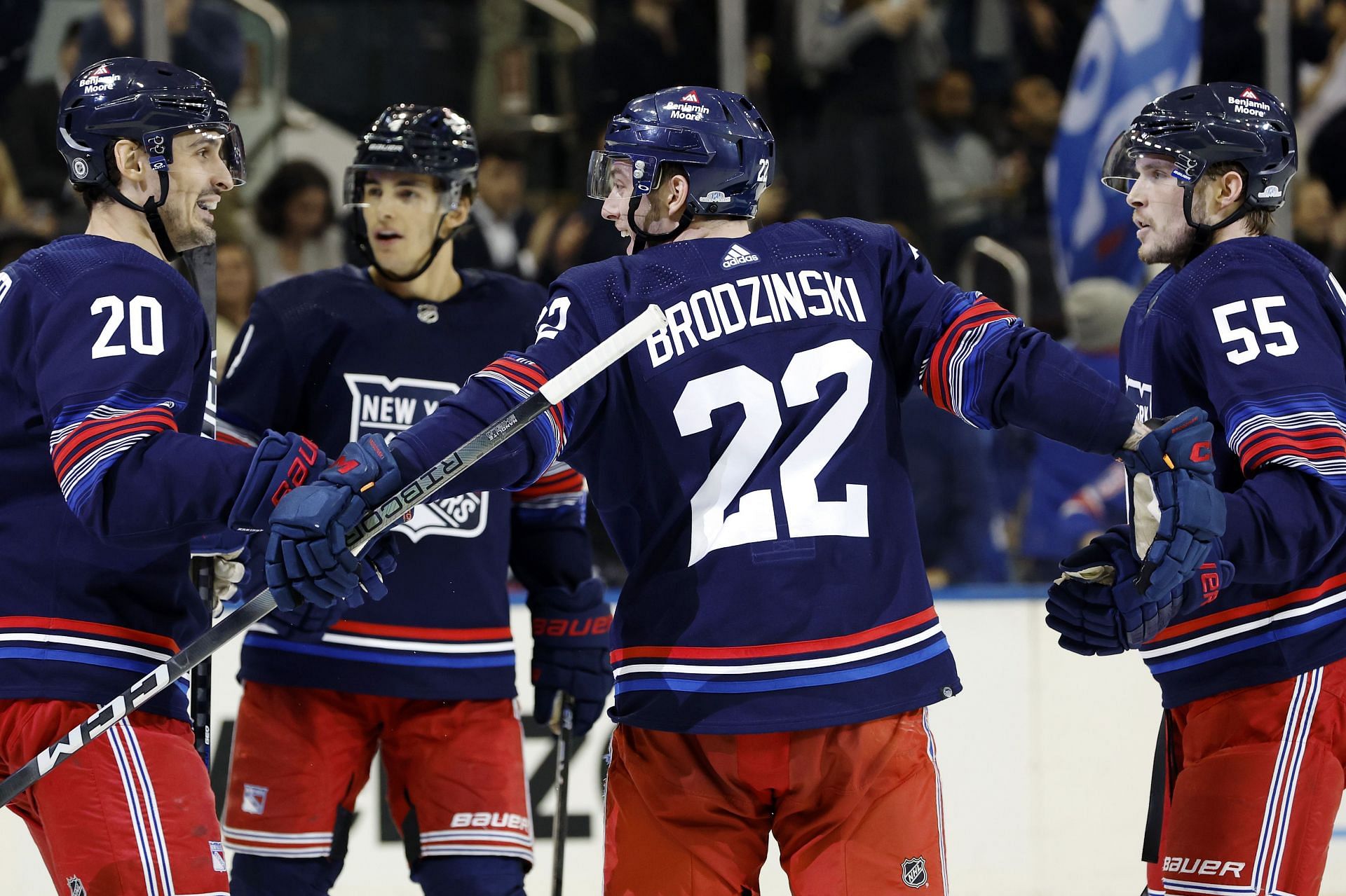 New York Rangers celebrate a goal against the Tampa Bay Lightning.