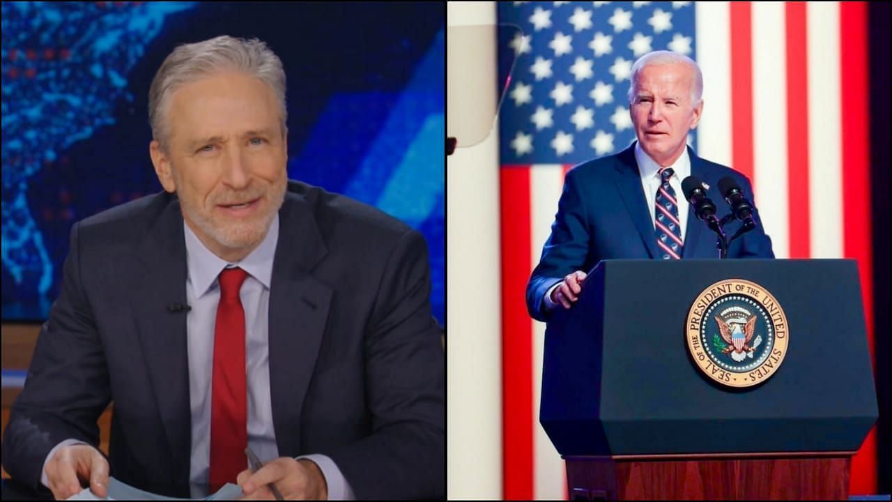 Jon Stewart talks about Joe Biden during The Daily Show. (Image via Instagram/@jonstewartdaily and @joebiden)