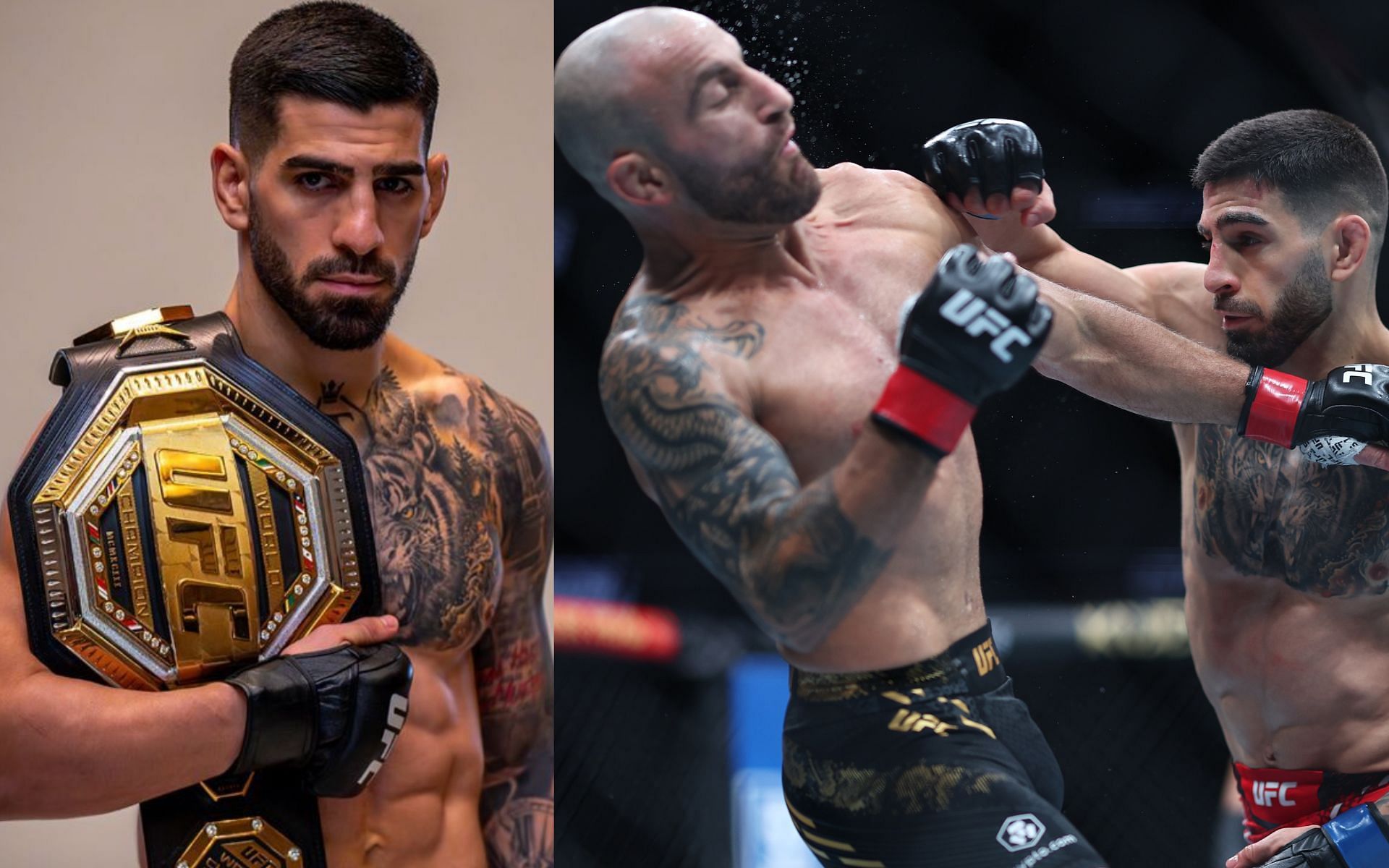 Ilia Topuria with his featherweight belt (left) and against Alexander Volkanovski (right). [via Getty Images and @iliatopuria on Instagram]