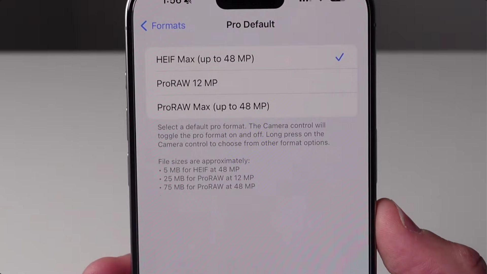 iPhone 15 hidden feature - switch between image formats (Image via YouTube/@iDB)