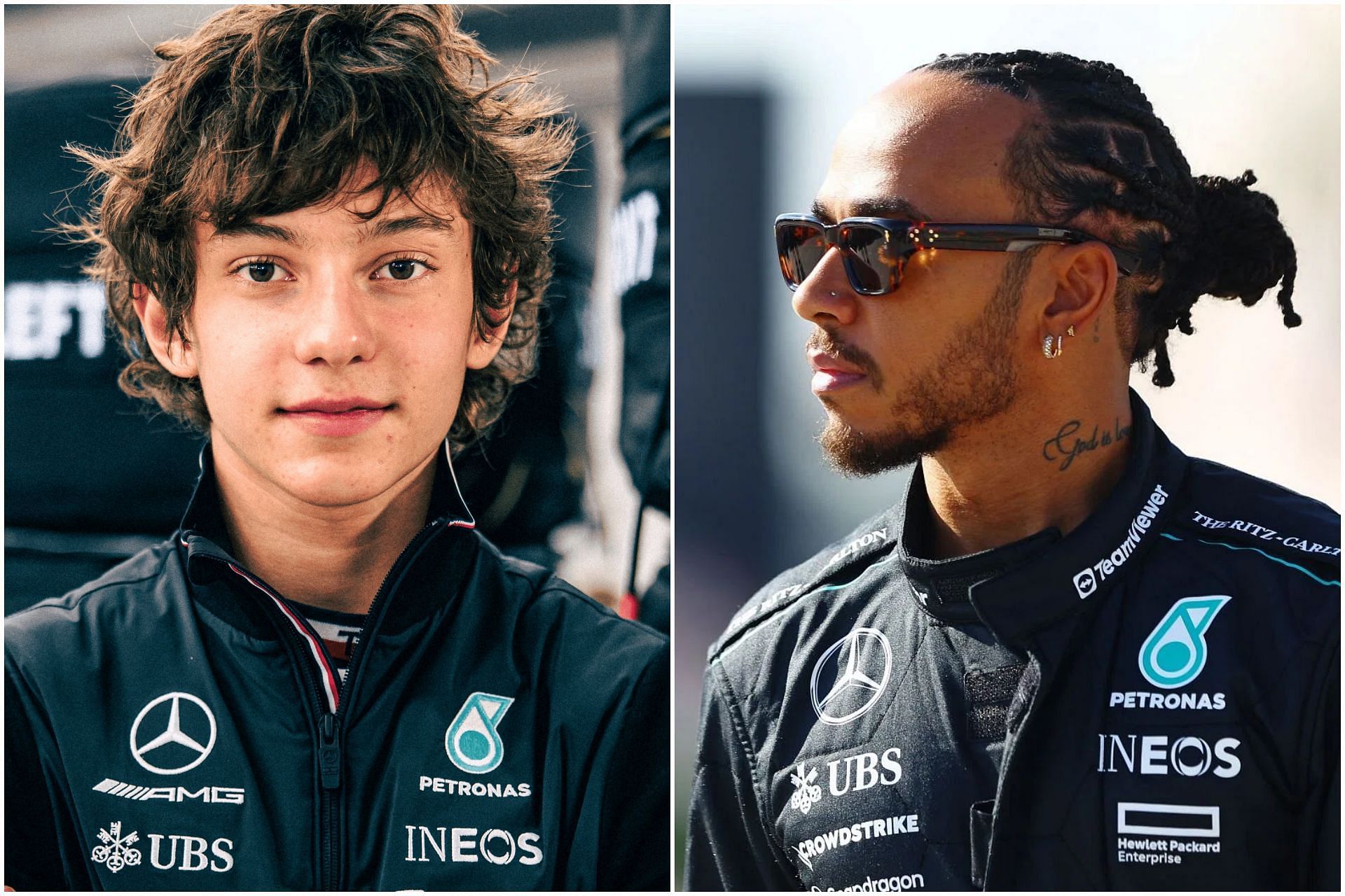 Kimi Antonelli (L) and Lewis Hamilton (R) (Collage via Sportskeeda)